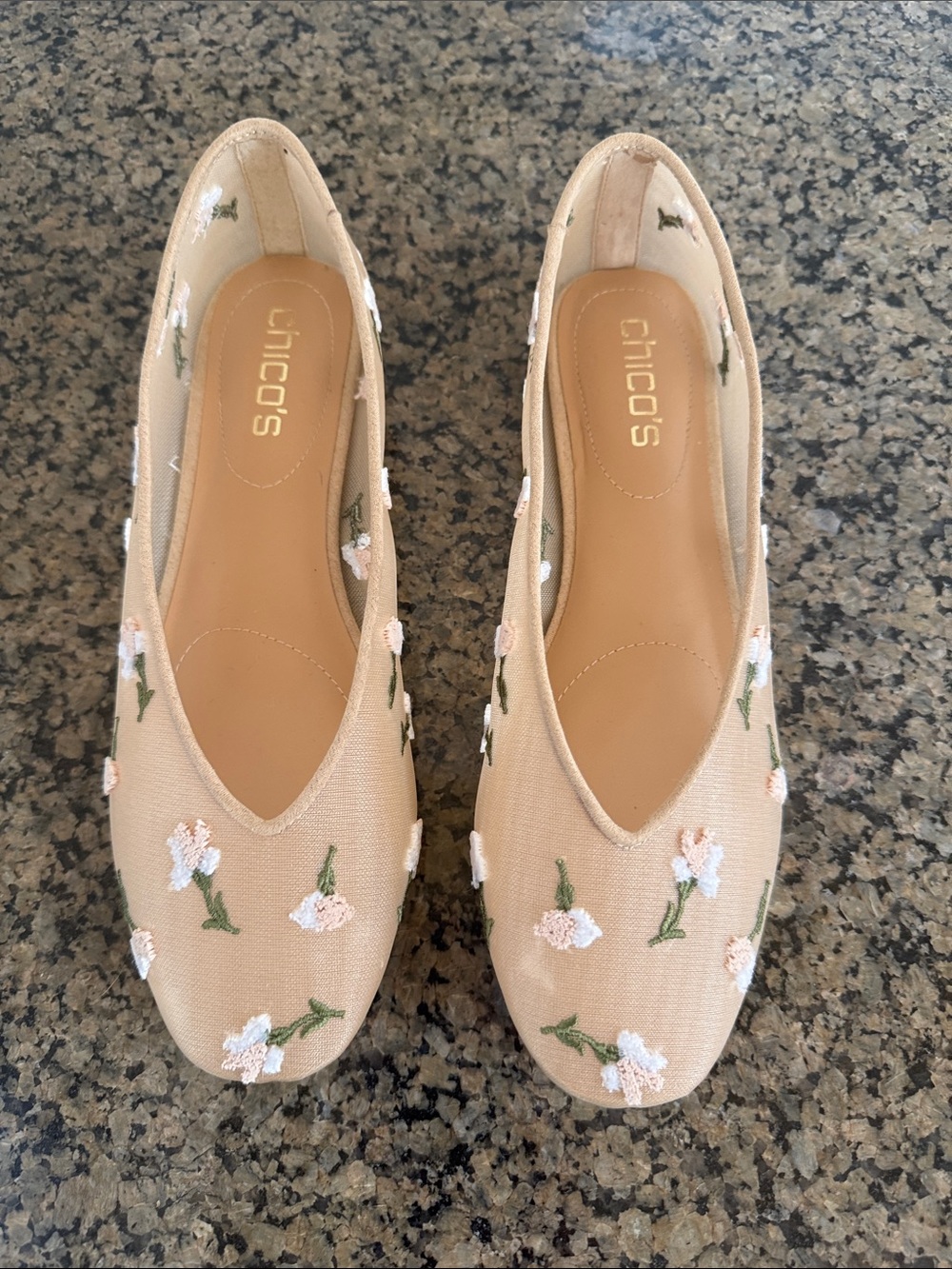 Chico's Beige Floral Embroidered Ballet Flats